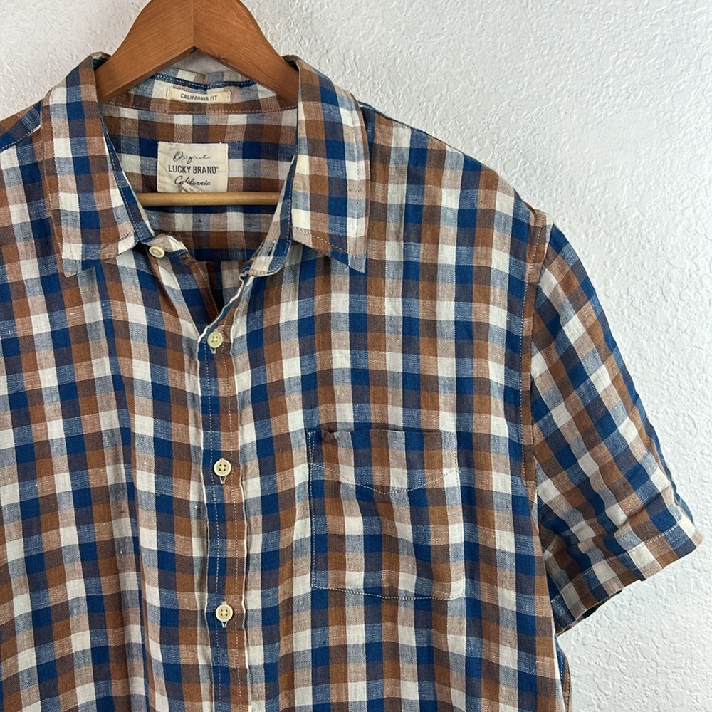 Lucky Brand linen short sleeve plaid men’s button shirt XL - Picture 2 of 5